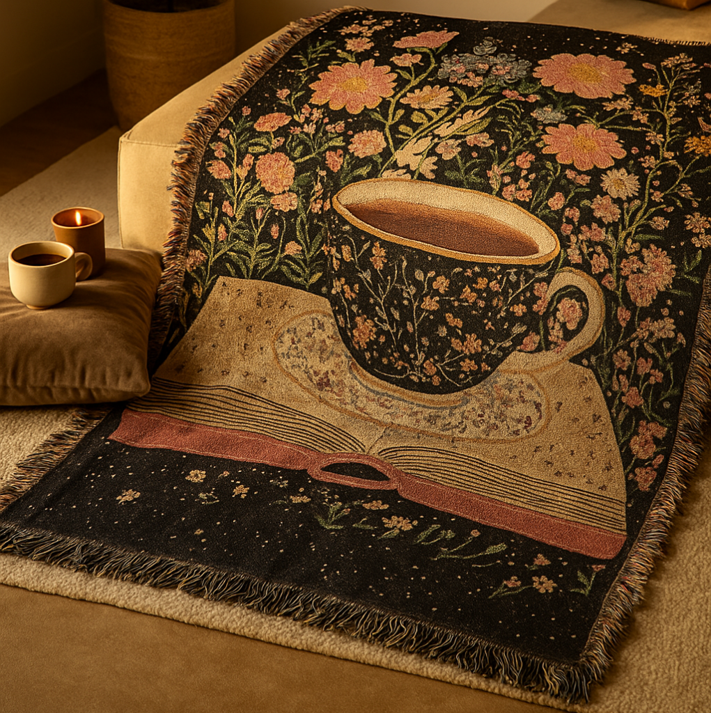 bookish cuptea luxury woven blanket display
